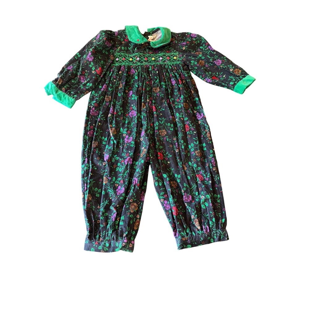 House of Hatten Jumpsuit Black Floral Smocked Corduroy Vintage 4T Long Sleeve